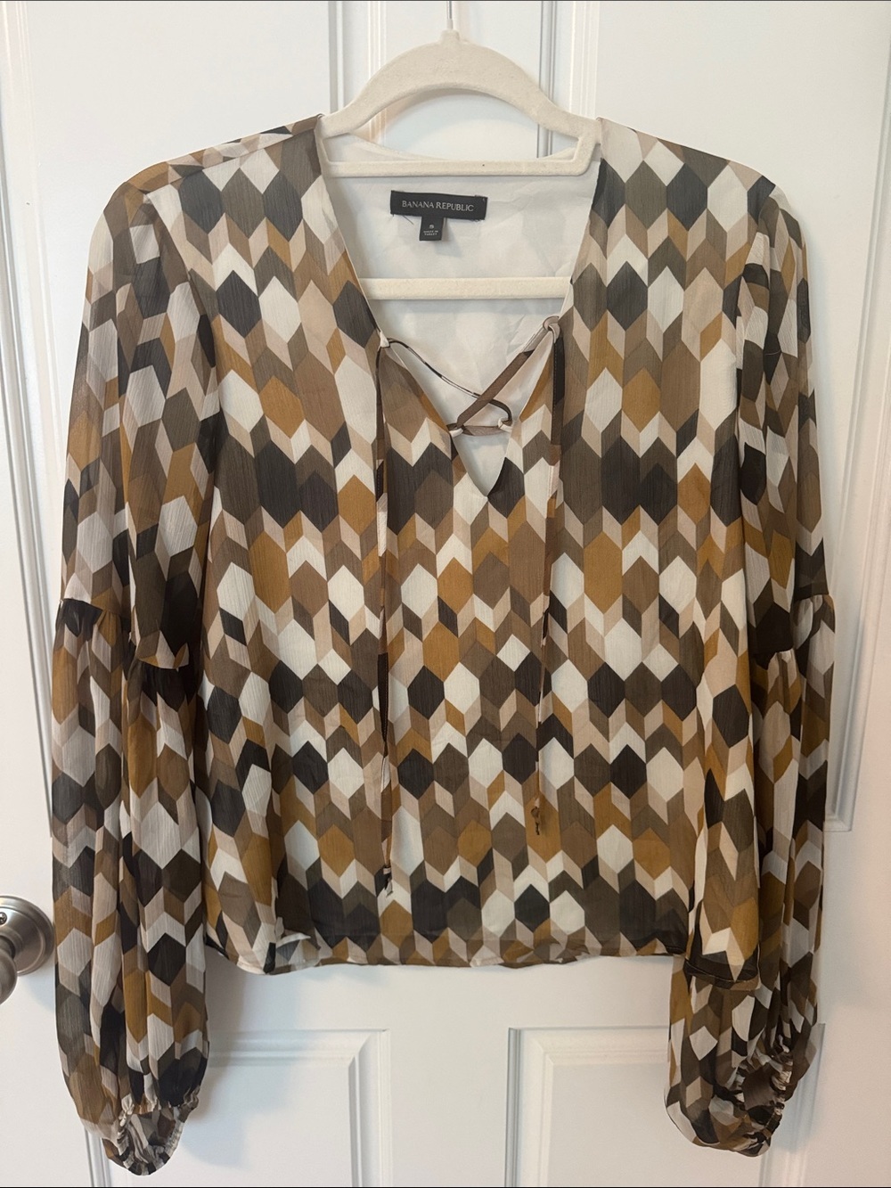 Banana Republic Geometric Lace-Up Blouse in Brown, Cream and Black